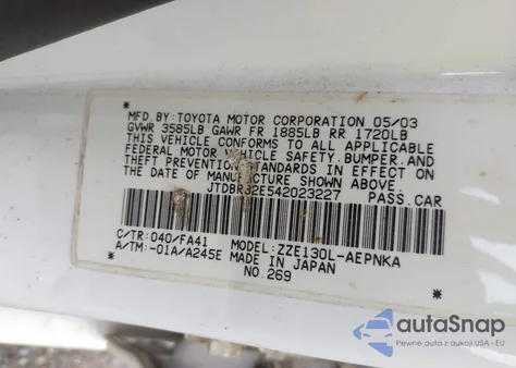 2004 Toyota Corolla Le из США, поврежденный, VIN JTDBR32E542023227